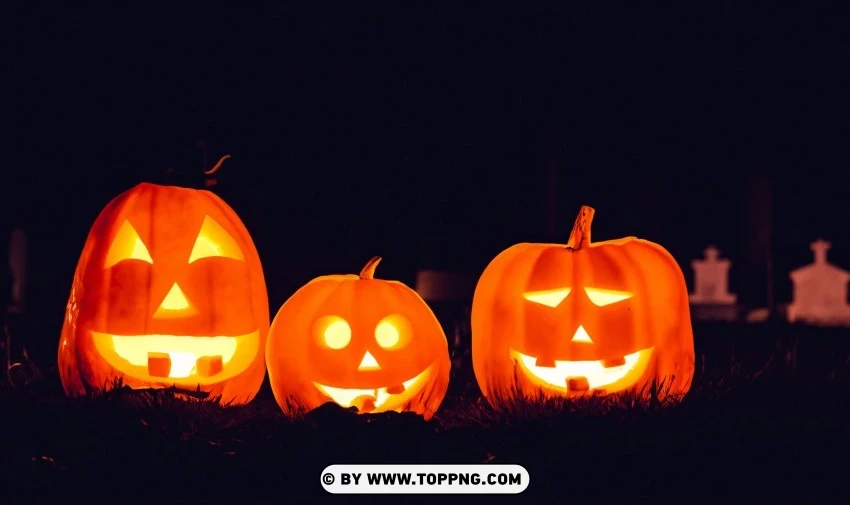 Eerie Nighttime Cemetery Halloween Pumpkins Wallpaper PNG Transparent Background