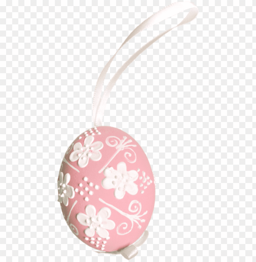 Decorative pink Easter egg with white floral designs and a ribbo PNG