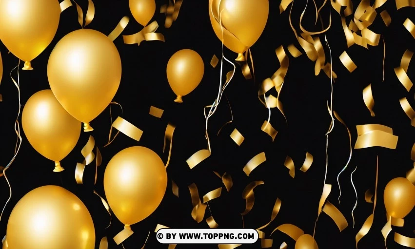 Festive golden balloons, Confetti celebration backdrop, Blurred bokeh party background, Golden inflatable balloons decor, Festive event ambiance, Confetti-filled background, Luxury party scene