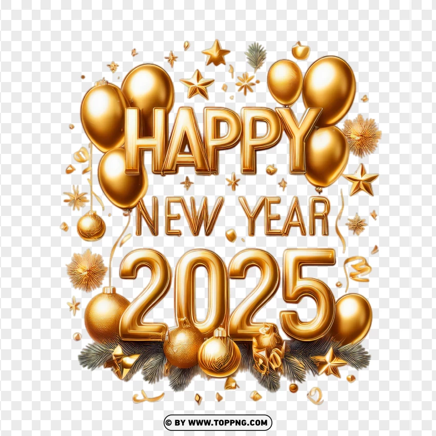 Elegant New Year 2025 Design With Golden Metallic Numbers And Balloons PNG Transparent Background