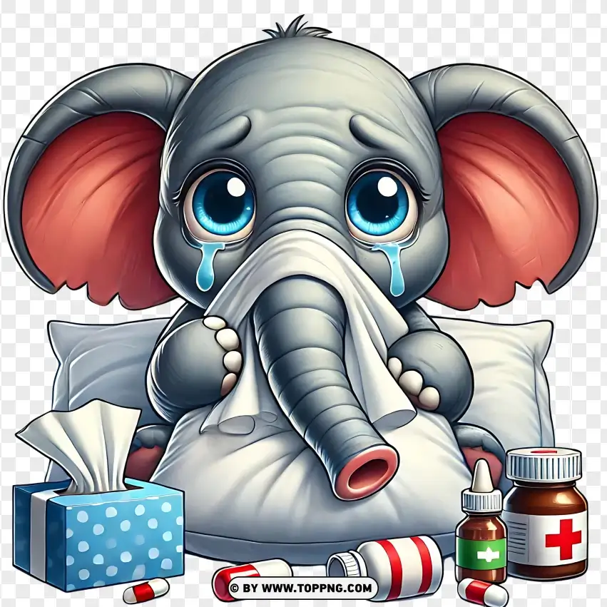 Cartoon Elephant With Medicine And Tissues PNG Transparent Background