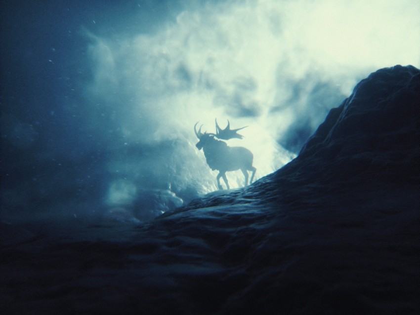 elk, mountains, smoke, light, silhouette, horns, stones