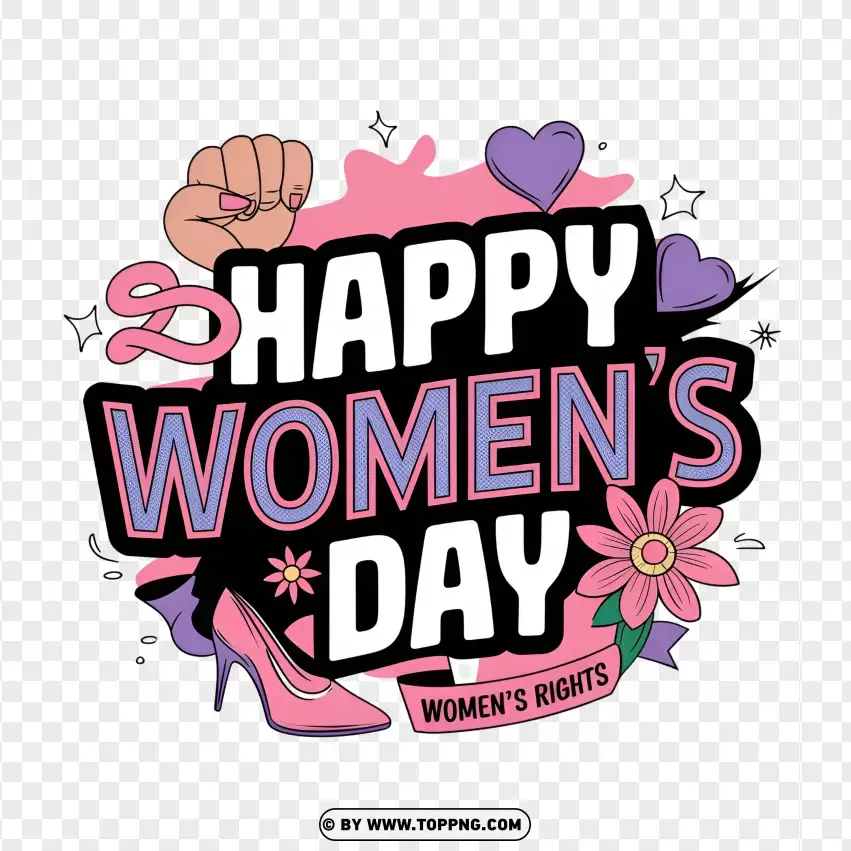 Empowering Happy Womens Day Graphic With Fist And Flowers PNG Transparent Background