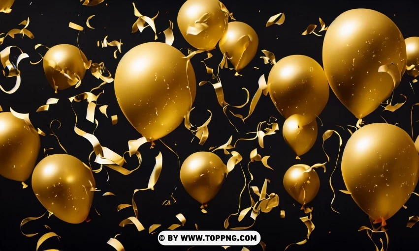 Festive golden balloons, Confetti celebration backdrop, Blurred bokeh party background, Golden inflatable balloons decor, Festive event ambiance, Confetti-filled background, Luxury party scene