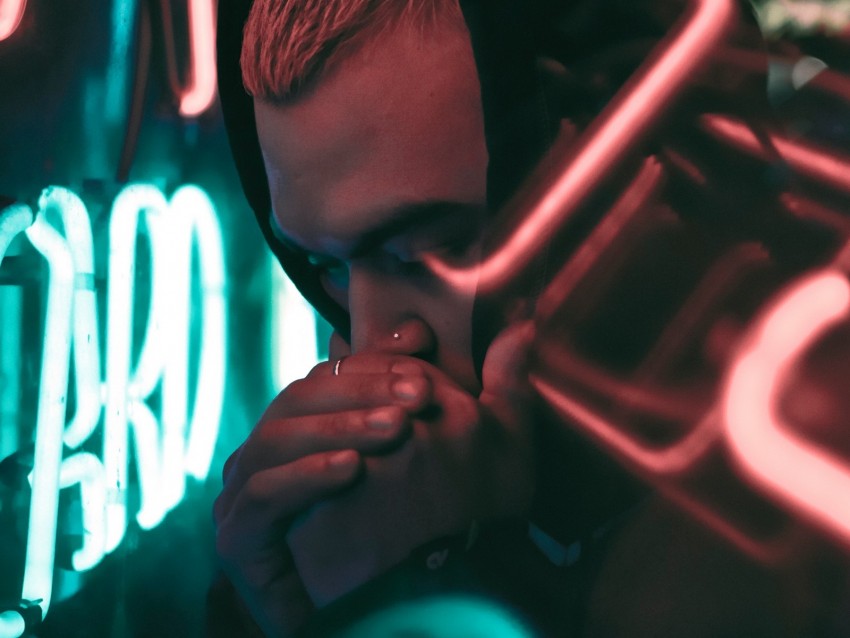 face, neon, hood, piercing, man