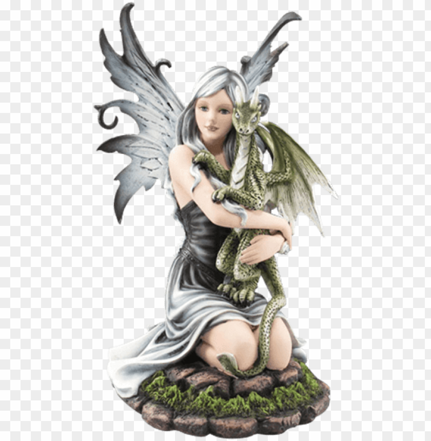 Fairy Hugging Green Dragon Statue PNG Transparent Background