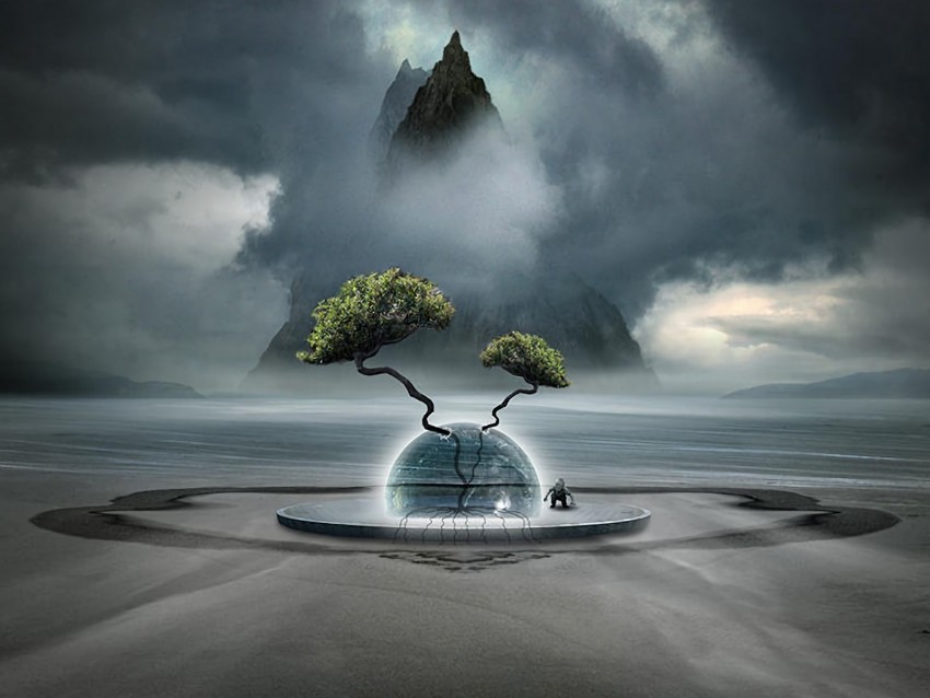 fantasy, tree, clouds, fog, ball, mountain