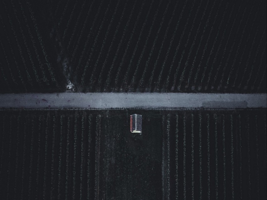 Farm Road House Field Garden Aerial View Dark Background