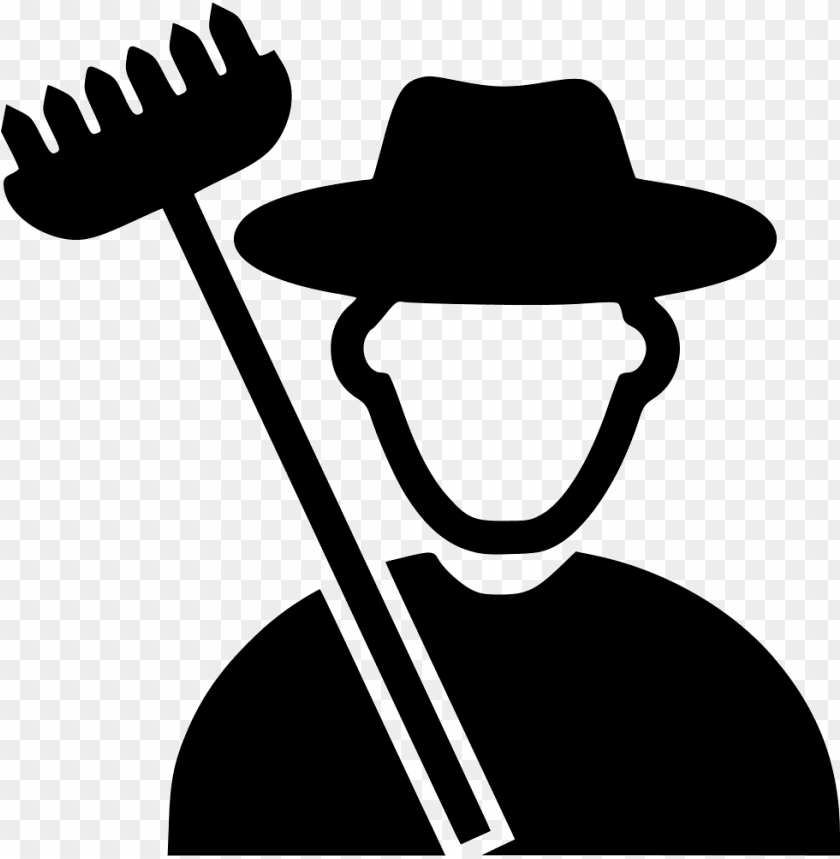 Silhouette of a farmer holding a rake, black icon with transparent background.