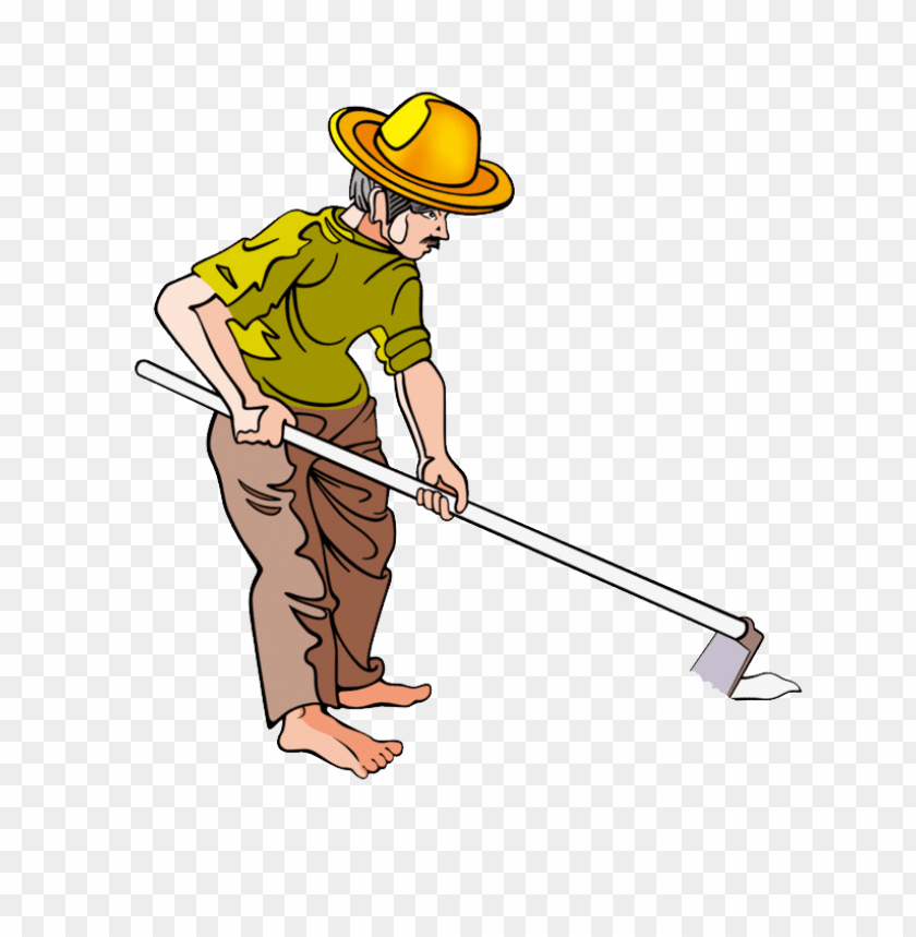 Illustration of a farmer tilling soil with a hoe, wearing a yellow hat.