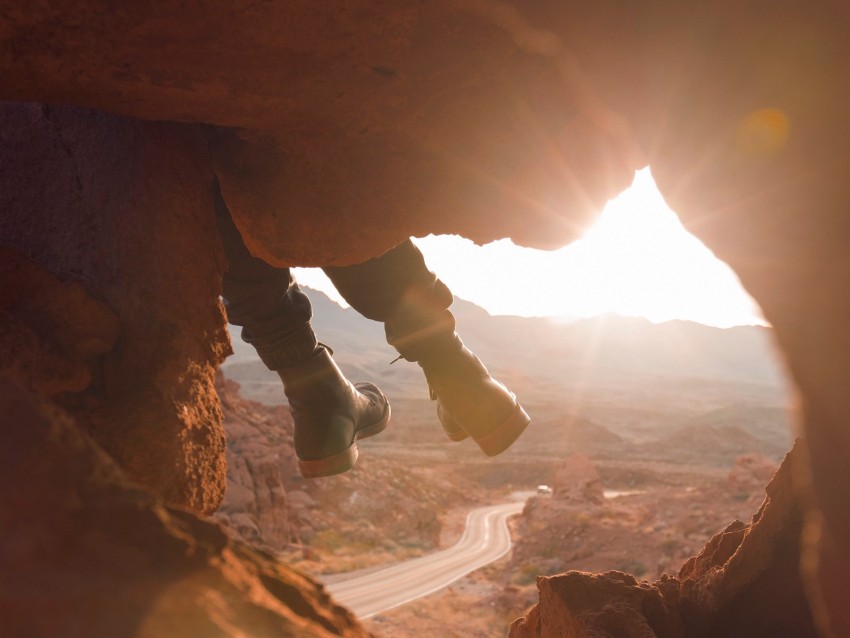 feet, cave, rock, mountain, sunset