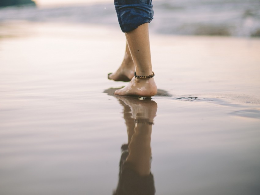 feet, step, beach, water, sand