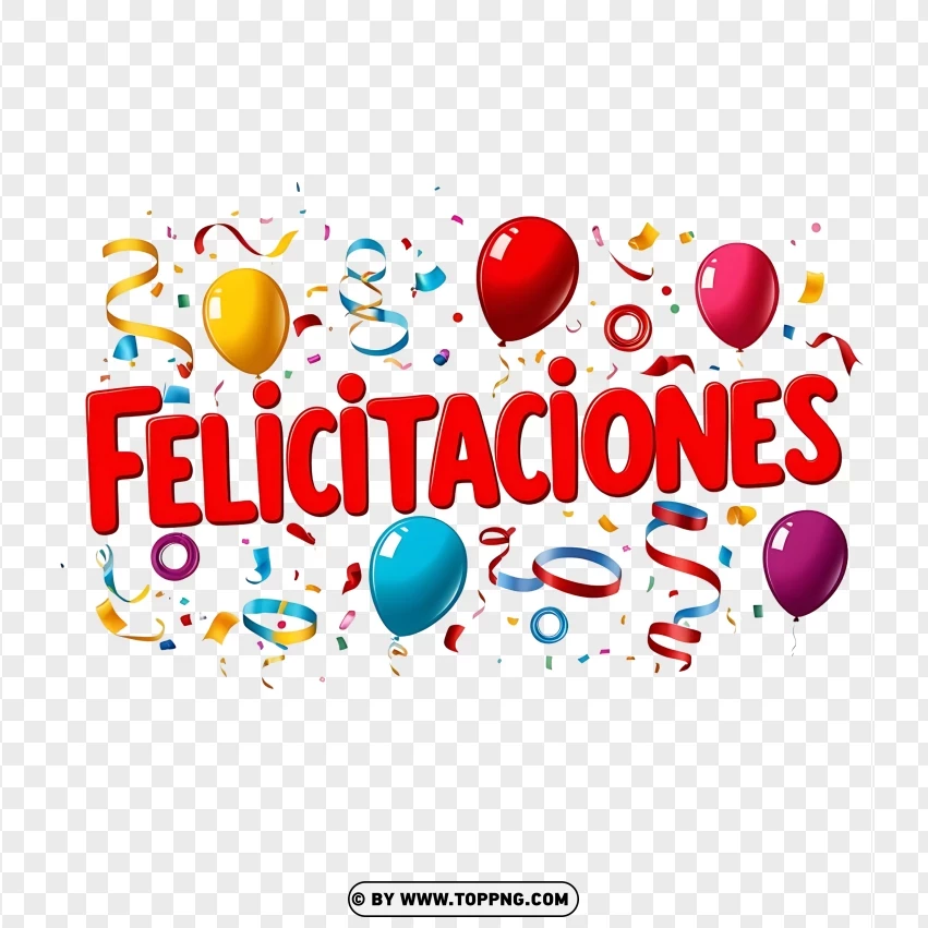 Felicitaciones Typography With Colorful Balloons Confetti And Streamers For Celebrations PNG Transparent Background