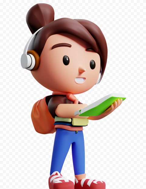 3D animated girl with headphones holding a book, wearing a backpack.