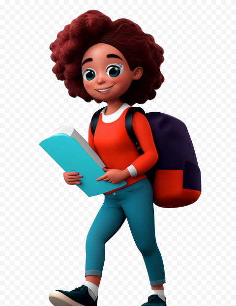 3D cartoon girl with curly hair holding a book and wearing a backpack