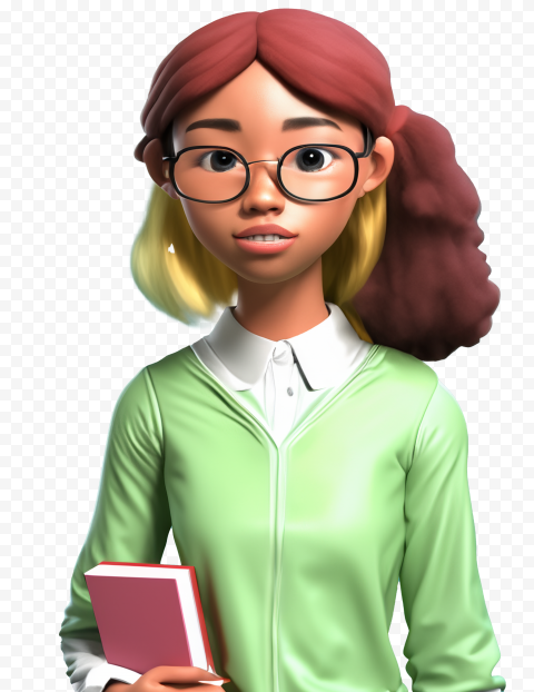 3D animated girl with glasses holding a book, wearing a green sweater