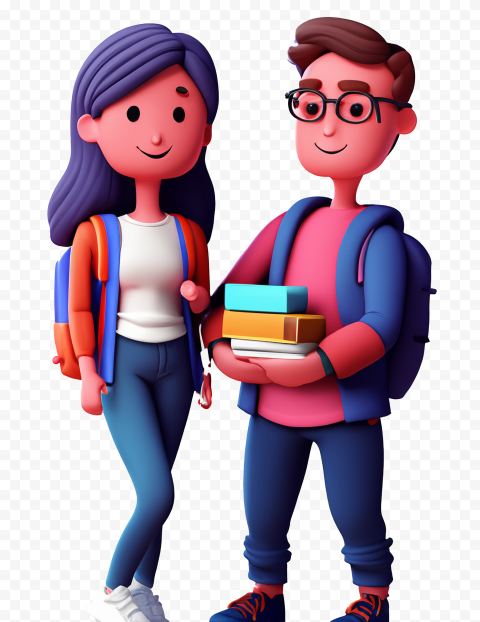 Two animated characters with backpacks holding books on a transparent background