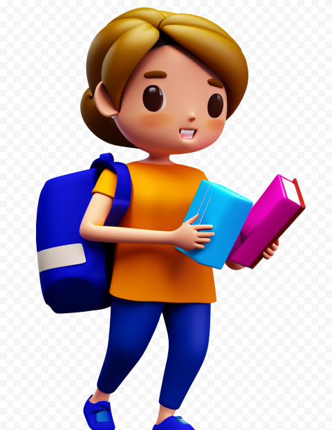 3D cartoon girl with backpack holding books on a transparent background