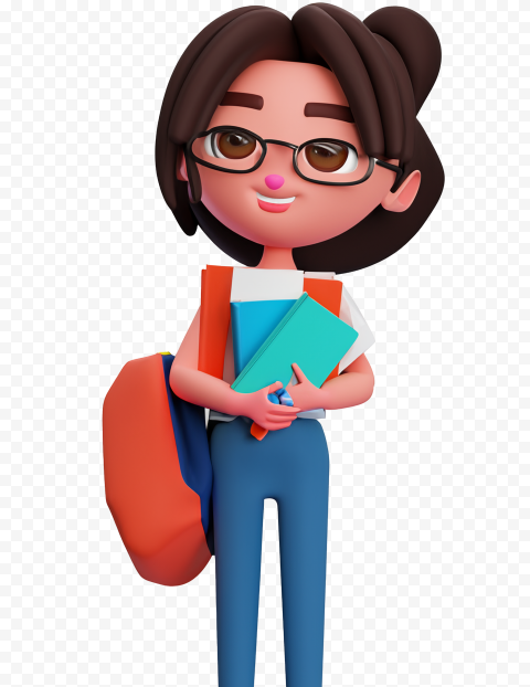 3D animated girl with glasses holding books and a backpack