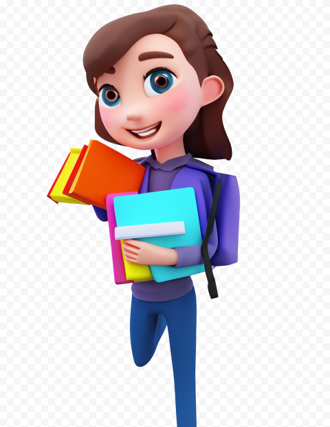 3D character holding colorful books and a backpack on a transparent background.