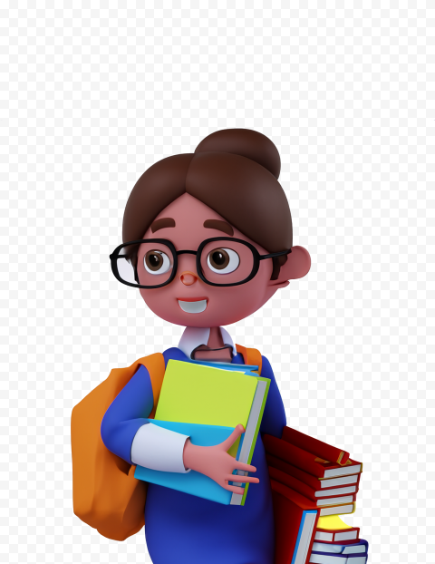 3D animated girl with glasses holding books and a backpack on a transparent background