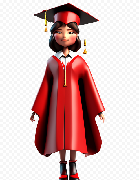 3D animated female graduate in red cap and gown with tassel, transparent background.