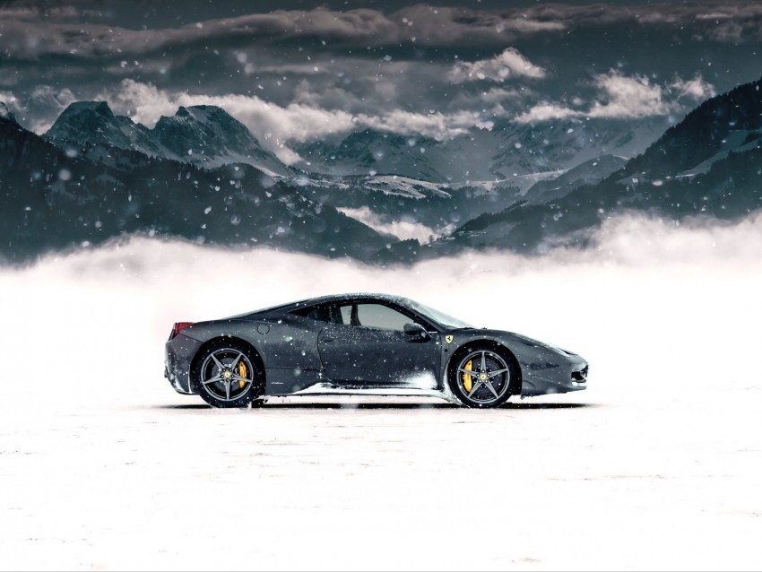 Ferrari 458 Italia Ferrari Sports Car Gray Side View Snow Mountains Winter Background