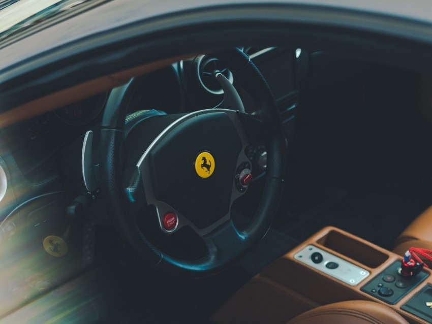 ferrari, car, salon, steering wheel, leather