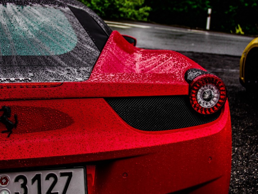 ferrari, sports car, red, drops, moisture