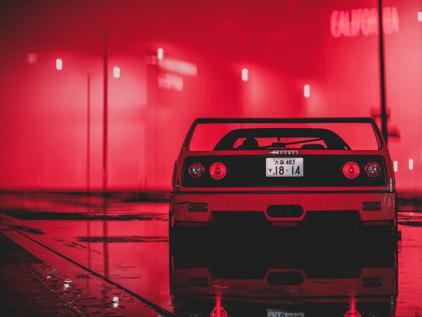 ferrari, sportscar, red, wet, neon, night