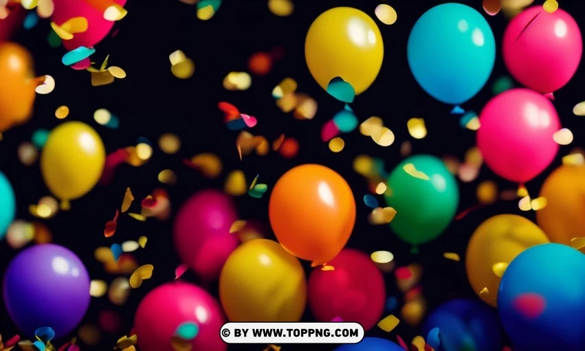 Festive Colorful balloons, Confetti celebration backdrop, Blurred bokeh party background, Colorful inflatable balloons decor, Festive event ambiance, Confetti-filled background, Luxury party scene