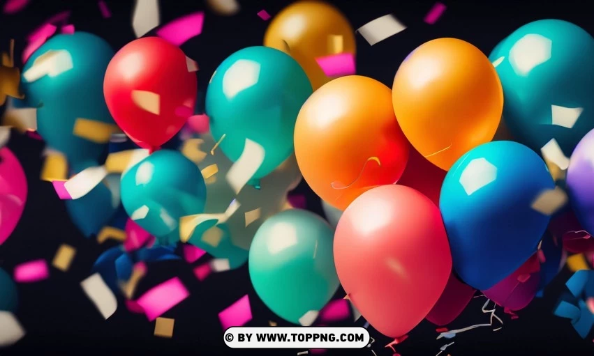 Festive Colorful balloons, Confetti celebration backdrop, Blurred bokeh party background, Colorful inflatable balloons decor, Festive event ambiance, Confetti-filled background, Luxury party scene