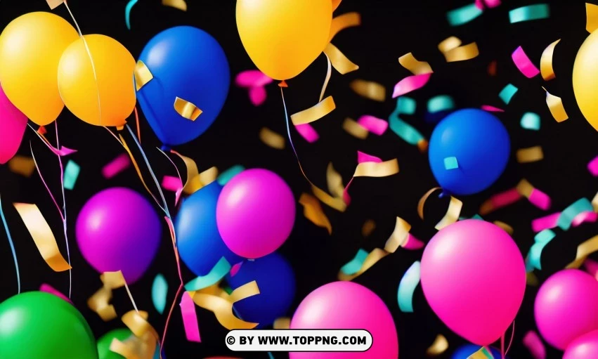 Festive Colorful balloons, Confetti celebration backdrop, Blurred bokeh party background, Colorful inflatable balloons decor, Festive event ambiance, Confetti-filled background, Luxury party scene