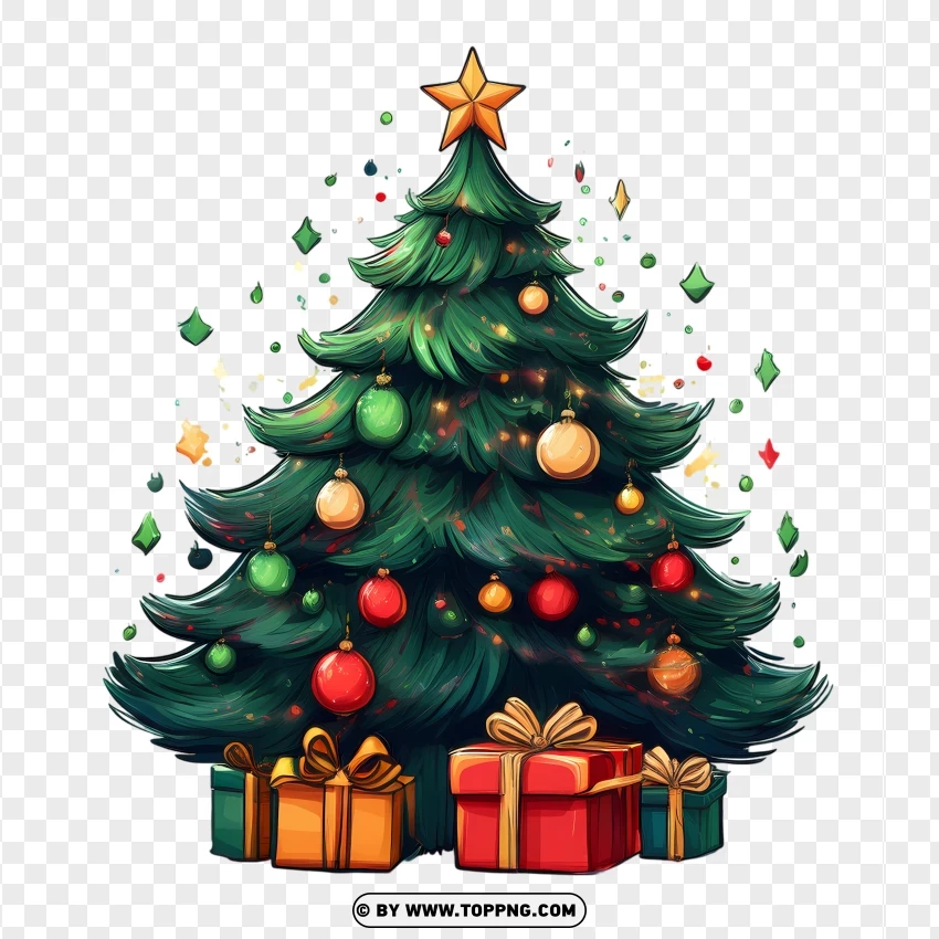 Festive Christmas Tree With Gifts And Ornaments PNG Transparent Background