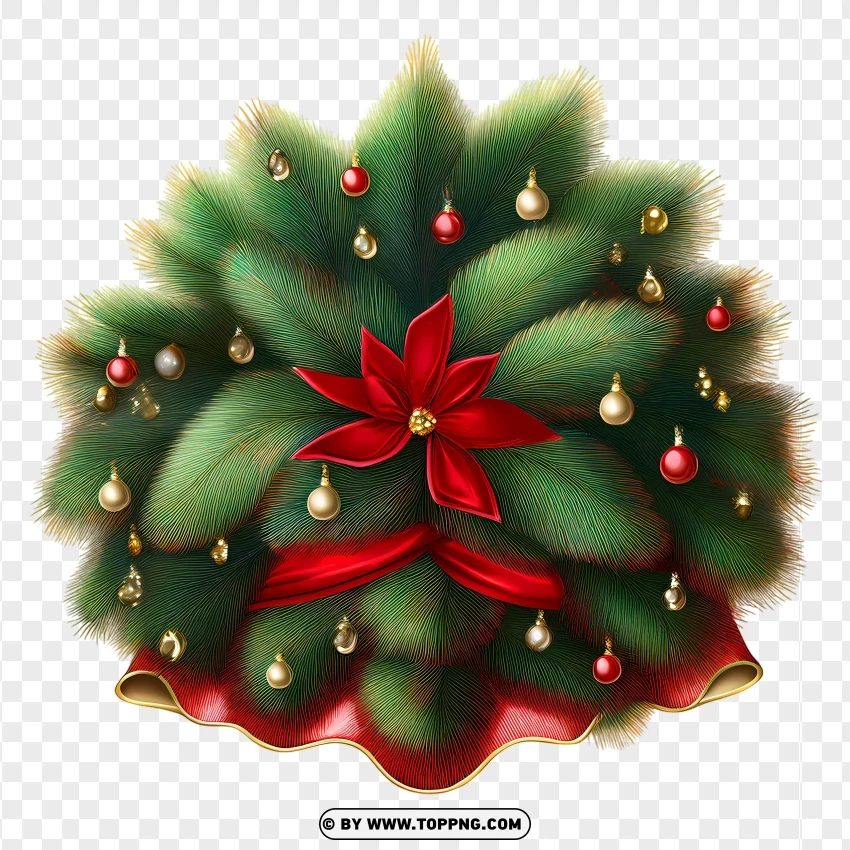 Festive Christmas Wreath With Poinsettia And Red Ribbon PNG Transparent Background