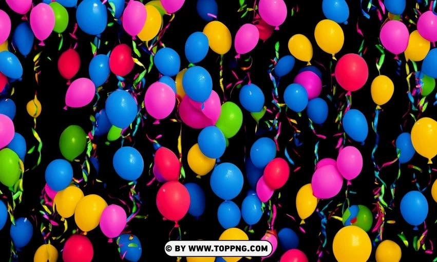 Festive Colorful balloons, Confetti celebration backdrop, Blurred bokeh party background, Colorful inflatable balloons decor, Festive event ambiance, Confetti-filled background, Luxury party scene