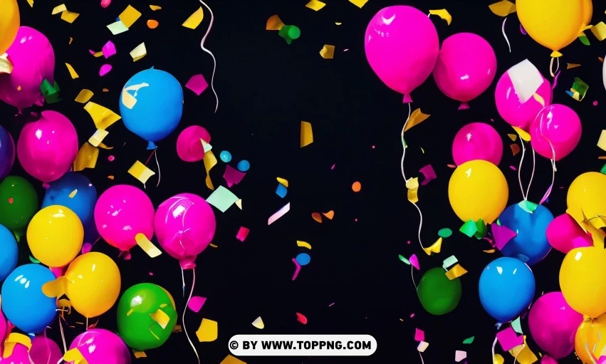 Festive Colorful balloons, Confetti celebration backdrop, Blurred bokeh party background, Colorful inflatable balloons decor, Festive event ambiance, Confetti-filled background, Luxury party scene