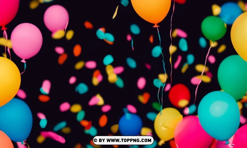 Festive Colorful balloons, Confetti celebration backdrop, Blurred bokeh party background, Colorful inflatable balloons decor, Festive event ambiance, Confetti-filled background, Luxury party scene