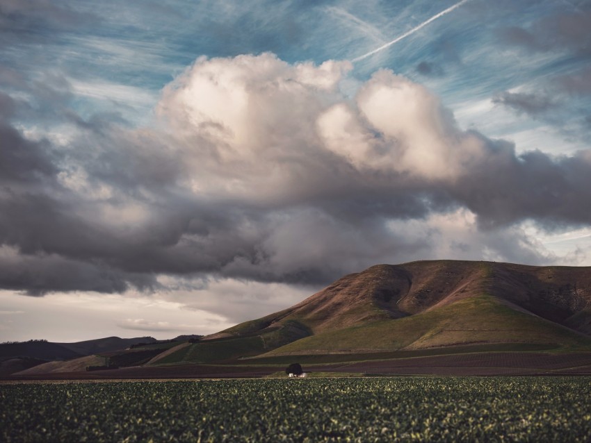 field, hills, clouds, landscape, relief