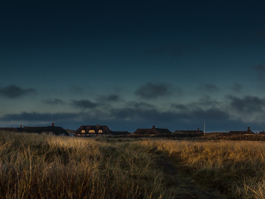 field, houses, path, grass, sunset, twilight, denmark