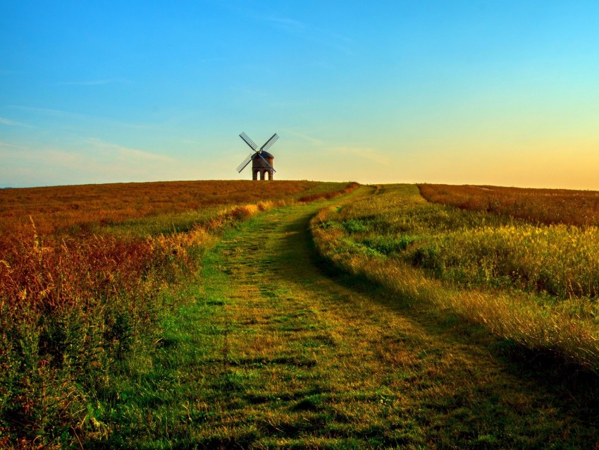 Field Mill Horizon Summer Grass Sunset Background