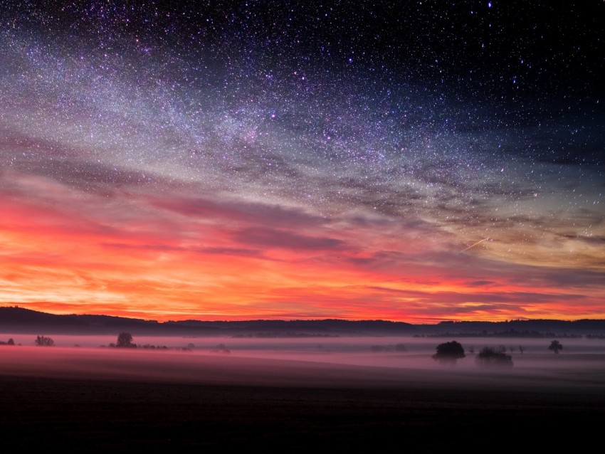 field, starry sky, fog, evening, landscape, autumn