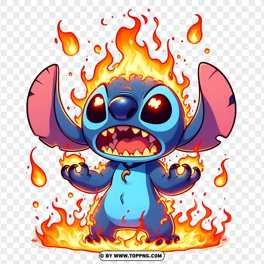 Stitch character surrounded by flames, with an angry expression and fire effects, on a transparent background