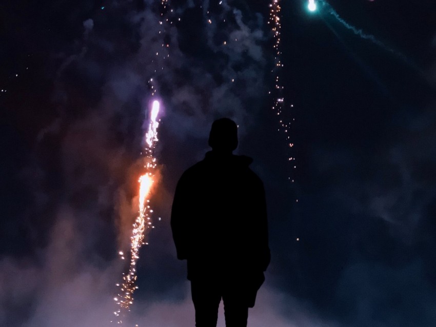 Fireworks Silhouette Dark Salute Sparks Colorful Smoke Background