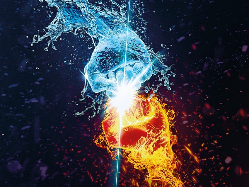 flame, water, hands, opposition, battle, sparks, splashes