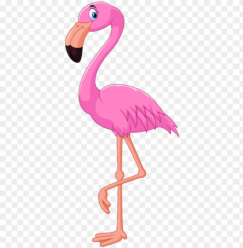 Cartoon pink flamingo standing on one leg with a cheerful expressio PNG