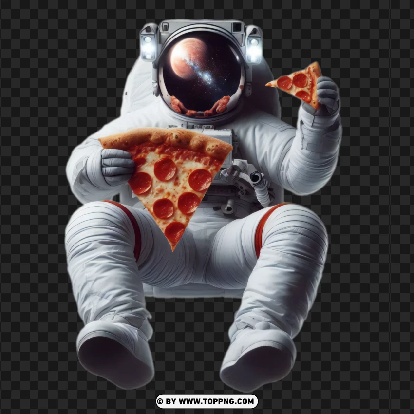 Seated astronaut holding a slice of pepperoni pizza in space png