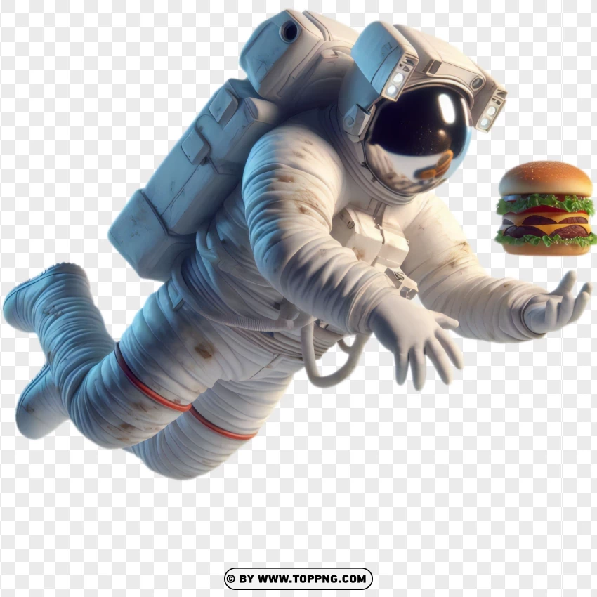 Astronaut reaching for a floating burger in zero gravity png