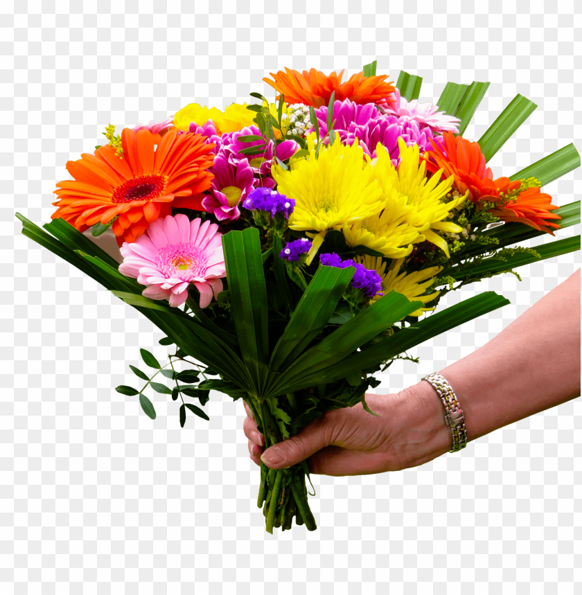 Hand holding a colorful flower bouquet PNG, fresh, vibrant