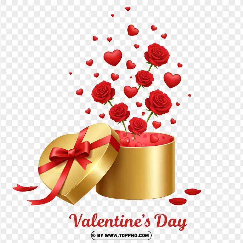 Valentines Day Golden Gift Box With Hearts PNG Transparent Background